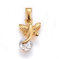 Doré  Pendentifs en acier inoxydable, avec zircons, libellule, clair, or, 304mm, Trou: 16x10x6mm