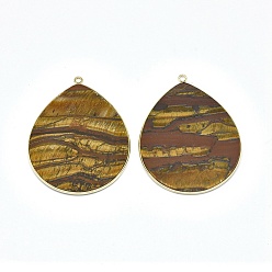 Tiger Eye Natural Tiger Eye Pendants, with Brass Findings, Drop, Golden, 42~44x33~35x2.5mm, Hole: 2mm