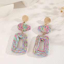 Разноцветный Серьги-гвоздики из сплава рафии в богемном стиле, трапециевидные, золотой свет, красочный, 95x34 мм