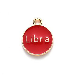 Libra Alloy Enamel Pendants, Flat Round with Constellation, Light Gold, Red, Libra, 15x12x2mm, Hole: 1.5mm, 100pcs/Box