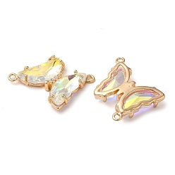 White Brass Pave Faceted Glass Connector Charms, Golden Tone Butterfly Links, White, 20x22x5mm, Hole: 1.2mm