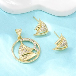 Парусное судно Комплект из латунного кулона и серег-гвоздиков с микропаве из кубических цирконий для женщин, реальный 18 k позолоченный, парусное судно, 11.5x9 мм, 20x18x3 мм, отверстие : 5x3.4 мм