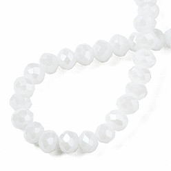White Electroplate Glass Beads Strands, Pearl Luster Plated, Faceted, Rondelle, White, 3.5x3mm, Hole: 0.4mm, about 123~127pcs/strand, 13.7~14.1 inch(35~36cm)