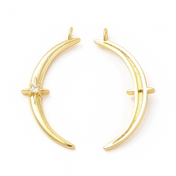 Настоящее золото 18K Покрытие стойки латунь микропаве прозрачные подвески из кубического циркония, без кадмия и без свинца, полумесяц со сверкающей звездой, реальный 18 k позолоченный, 31.5x13.5x4 мм, отверстие : 2 мм