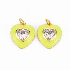 Champagne Yellow Brass Enamel Pendants, with Clear Cubic Zirconia and Jump Ring, Nickel Free, Real 16K Gold Plated, Heart, Champagne Yellow, 17.5x15.5x4.5mm, Hole: 3.5mm