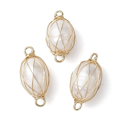 Golden Natural Cultured Freshwater Pearl Copper Wire Wrapped Connector Charms, Oval Links, Golden, 17.5~20x9x9.5mm, Hole: 1.6~2mm