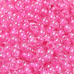 Hot Pink Glass Seed Beads, Inside Colours Lustered, Round, Hot Pink, 4x3mm, Hole: 1.4mm, about 7650pcs/pound