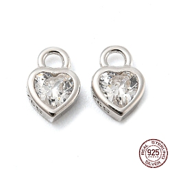 Cœur Véritable platine plaqué rhodium 925 breloques en argent sterling, avec de la zircone cubique clair, avec cachet s, cœur, 925mm, Trou: 6x4x2mm