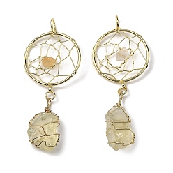 Лимонный Кварц Необработанный натуральный лимонный кварц, большие подвески, обернутые медной проволокой, подвески из плетеной паутины/сетки с драгоценными камнями и латунными кольцами, золотые, стойки покрытие, 73~76x30~30.5x10~12.5 мм, отверстие : 6~6.5 мм