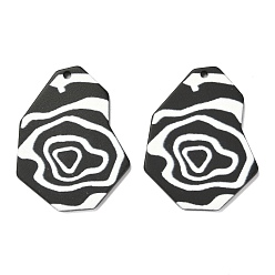 Black Opaque Acrylic Pendants, Black & White, Polygon with Flower, Black, 35x27.5x2.2mm, Hole: 1.5mm