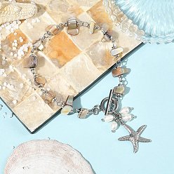 Stainless Steel Color Summer Beach 304 Stainless Steel Starfish Charm OT Bracelets, Natural Freshwater Shell Nuggets Beaded Chain Bracelets for Women, Seashell Color, Stainless Steel Color, 7.80 inch(19.8cm)