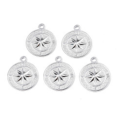 Stainless Steel Color Non-Tarnish 304 Stainless Steel Pendants, Flat Round with Compass, Stainless Steel Color, 30x25.5x3mm, Hole: 3mm