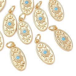 Real 18K Gold Plated SHEGRACE Brass Micro Pave Cubic Zirconia Pendants, Oval with Sun Moon Star Charms, Cadmium Free & Lead Free & Nickel Free, Real 18K Gold Plated, 17.5x8.5x2mm, Hole: 3mm
