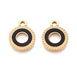 Черный 304 нержавеющей стальной эмали подвески, плоские круглые прелести, ионное покрытие (ip), долговечный, золотые, чёрные, 15x12x2 мм, отверстие : 2 мм