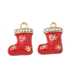 Красный Рождественские эмали сплава подвески, рождественские носки-талисманы, бусины со стразами , золотые, красные, 15.5x12x3 мм, отверстие : 1.5 мм