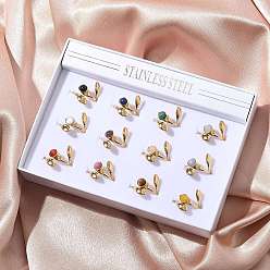 Смешанные камни Круглые кольца из смешанных натуральных камней, 304 листовые манжеты из нержавеющей стали, реальный 18 k позолоченный, ионное покрытие (ip), 21 мм, внутренний диаметр: 15.8 мм, 12 шт / комплект