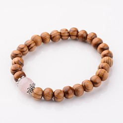 Pink Wood Stretch Bracelets, with Natural Rose Quartz Beads and Metal Findings, Pink, 55mm