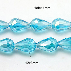 Sky Blue Electroplate Glass Beads Strands, AB Color Plated, Faceted Teardrop, Sky Blue, 12x8mm, 58pcs/strand, 26.5 inch