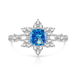 Blue Brass Micro Pave Cubic Zirconia Finger Rings, Snowflake, Platinum, Blue, 15~20mm
