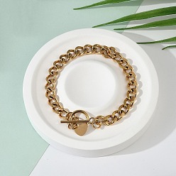 Золотой Ионное покрытие (ip) 304 браслеты-цепочки из нержавеющей стали, с застежками-тумблерами и подвеской в форме сердца, золотые, 7-1/2 дюйм (19 см), 7.5 мм