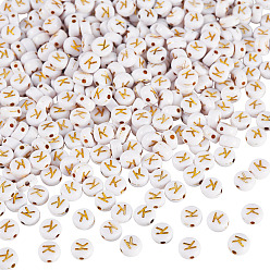Letter K 500 Uds plateando cuentas de acrílico, metal dorado enlaced, agujero horizontal, plano y redondo con alfabeto, blanco, letra k, 7x3.5 mm, agujero: 1.2 mm