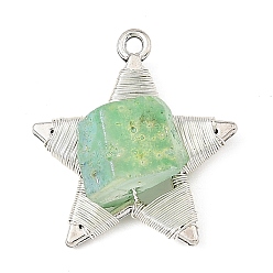 Green Electroplated Natural Quartz Faceted Copper Wire Wrapped Pendants, Alloy Star Charms, Antique Silver & Silver, Green, 29x27x11.5mm, Hole: 2mm