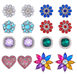 Mixed Color 16Pcs 8 Styles Alloy Rhinestone Snap Buttons, Platinum, Square & Heart & Flower, Mixed Color, 19.5~32.5x19.5~32.5x8.5~9.5mm, 2pcs/style