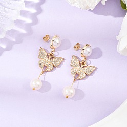 Золотой Латунные серьги-гвоздики с подвесками в форме бабочки, со стеклянным жемчугом, золотые, 52.5x22 мм