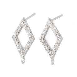 Платина Фурнитура для сережек-гвоздиков с ромбовидной формой из латуни с микропаве из прозрачных кубических цирконий, с петлей, платина, 17x8.5 мм, отверстие : 1~1.2 мм, штифты : 0.8 мм