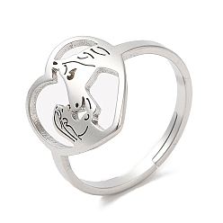 Stainless Steel Color 304 Stainless Steel Heart with Horse Adjustable Ring for Women, Stainless Steel Color, US Size 6(16.5mm)