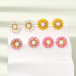 Couleur Mélangete Boucles d'oreille en laiton émaillé, fleur, avec des perles en plastique abs, sans plomb et sans cadmium, crémaillère plaquage, plaqué longue durée, réel 18 k plaqué or, couleur mixte, 13.5~14mm