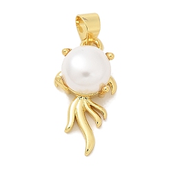 Fish Стойки обшивки латунные подвески, с ABS имитации жемчуга, долговечный, без свинца и без кадмия, реальный 18 k позолоченный, рыба, 20x10x7.5 мм, отверстие : 4.5x3 мм