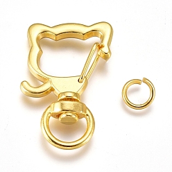 Golden Alloy Swivel Lobster Clasps, with Iron Jump Rings, Cat Head, Golden, 35x22x6.5mm, Jump Ring: 8x1.2mm