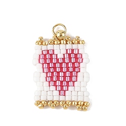 Hot Pink Romantic Glass Seed Bead Pendants, Rectangle with Heart Charm, with 304 Stainless Steel Open Jump Rings, Hot Pink, 21~22x16x1.5~1.8mm, Hole: 2mm