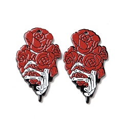 Skeleton Halloween Printed Acrylic Pendants, Skull & Rose Style, Skeleton Pattern, 44.5x26x2.3mm, Hole: 1.8mm
