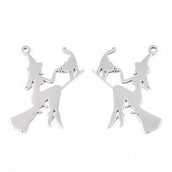 Нержавеющая Сталь Цвет Не тускнеющие подвески на Хэллоуин 201 из нержавеющей стали, лазерная резка, ведьма с кошкой, цвет нержавеющей стали, 40x36x1 мм, отверстие : 1.8 мм