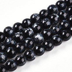 Черный Выпечки нарисованных стеклянных бусин прядей, круглые, чёрные, 7.5~8 мм, отверстие : 1.2 мм, около 103~108 шт / нитка, 29.92~31.10 дюйм (76~79 см)