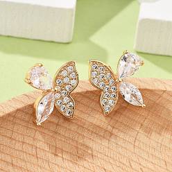 Золотой Серьги-гвоздики из латуни с бабочкой из прозрачного кубического циркония для женщин, без кадмия и без свинца, долговечный, стойки покрытие, золотые, 14.5x13.5 мм