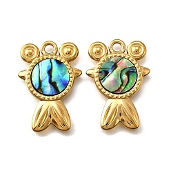 Fish 304 подвески из натуральной ракушки пауа из нержавеющей стали, прелести морских животных, золотые, ионное покрытие (ip), рыба, 26x18x2 мм, отверстие : 2.5 мм