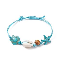 Turquoise Adjustable Waxed Cotton Cord Braided Bracelets, with Cowrie Shell Beads, Wood Beads, Synthetic Turquoise(Dyed) Beads, Starfish/Sea Stars and Tortoise, Turquoise(Dyed), 3/4 inch(1.8cm)~2-3/4 inch(7cm)