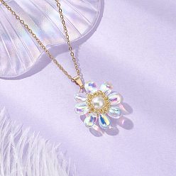 Прозрачный АВ Стеклянные и стеклянные жемчужные бусины подвески ожерелья для женщин, с 304 кабельной цепью из нержавеющей стали, цветок, ясно AB, 17.72 дюйм (45 см)