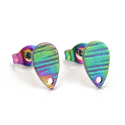 Rainbow Color Ионное покрытие (ip) 304 детали серьги-гвоздики из нержавеющей стали, с отверстием, рифленая слеза, Радуга цветов, 10x6 мм, отверстие : 1 мм, штифты : 0.8 мм