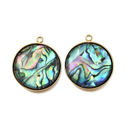 Плоский Круглый 304 подвески из натуральной ракушки пауа из нержавеющей стали, ионное покрытие (ip), реальный 18 k позолоченный, плоско-круглые, 23x20x4 мм, отверстие : 1.5 мм