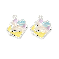 Серебро Подвески из эмали и сплава, с имитацией абс-скульптуры, ромб с цветочной подвеской, стойки покрытие, без свинца и без кадмия, серебряные, 17.5x15x4 мм, отверстие : 1.6 мм