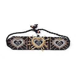Black Adjustable Glass Seed Beads Braided Bead Bracelets, Oval with Heart, Black, 1-5/8 inch~3-1/2 inch(4.3~9.1cm)