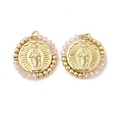 Розовый Подвеска из латуни, покрытая стойкой, со стеклом, долговечный, без свинца и без кадмия, круглые, туманная роза, 23.5x23x3 мм