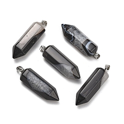 Natural Agate Natural Crystal Core Agate Pendants, Hexagon Charms, with 304 Stainless Steel Snap on Bails, Stainless Steel Color, Black, Dyed & Heated, 49~51x13~14x15~16mm, Hole: 7.5x4mm