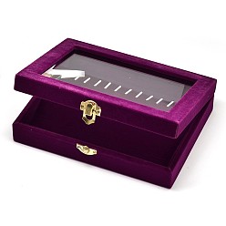 Purple Wooden Rectangle Jewelry Boxes, Covered with Velvet, with Glass and Iron Clasps, Purple, 20x15.7x4.7cm