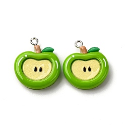 Зеленый лайм Непрозрачные подвески смолы, яблоко, с платиновым тоном железная петля, зеленый лайм, 24.5x21x5.8 мм, отверстие : 2 мм