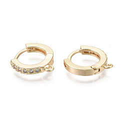 Настоящее золото 18K Латунные серьги-кольца из микро-паве с фианитами, с горизонтальной петлей, без никеля , прозрачные, реальный 18 k позолоченный, 13.5x12x2.5 мм, отверстие : 1 мм, штифты : 0.8 мм
